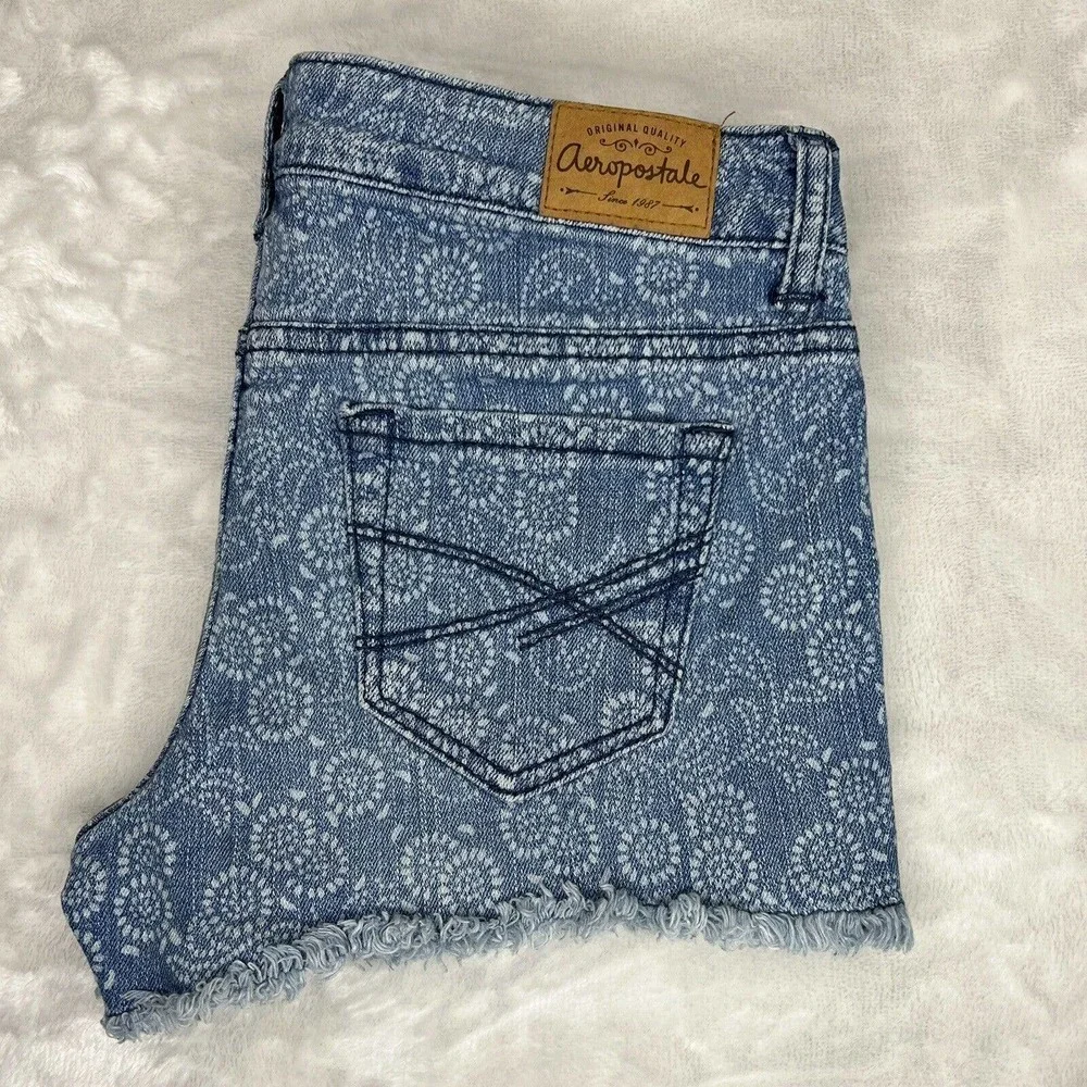 Aeropostale Blue & White Floral Low-Rise Stretch Denim Cutoff Jean Shorts Sz 0 - Picture 5 of 10